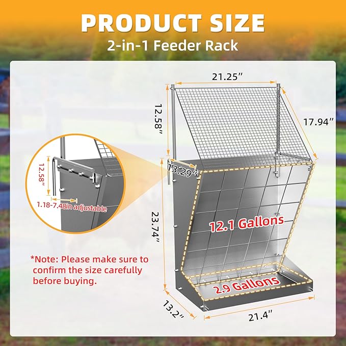 Wall Mount Hay Rack, 2 in-1 Goat Hay Feeder with Hook, 19 Gallons Heavy Duty Galvanized Wall Hay Rack, Livestock Feeder with Adjustable Distance, Easy to Install, Hay Rack for Goats, Sheep, Horse