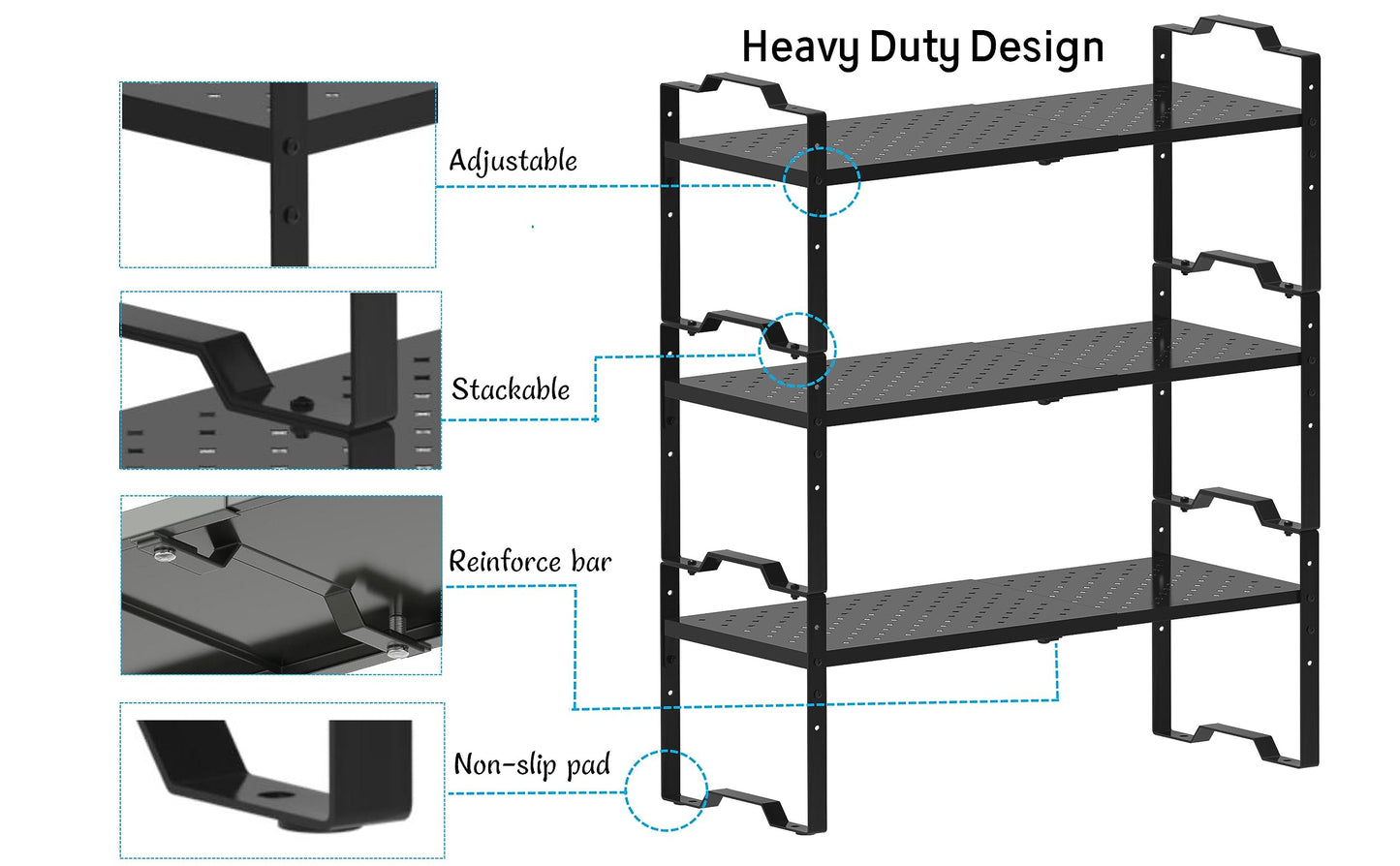 Jojocross Expandable Shelf Cabinet Organizer Adjustable Stackable Spice Rack at Kitchen Bathroom More, Countertop Cupboard Organization Pantry Storage,Metal Plate with Hole (3 Packs/Black, L)