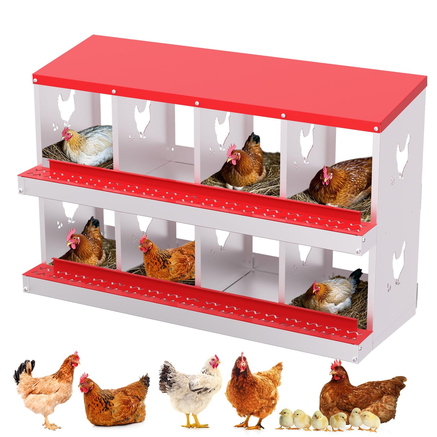 Chicken Nesting Boxes, 8 Compartments Nesting Boxes, Metal Chicken Laying Box with Roll Out Egg Collection with Vented Holes for Hens, Red