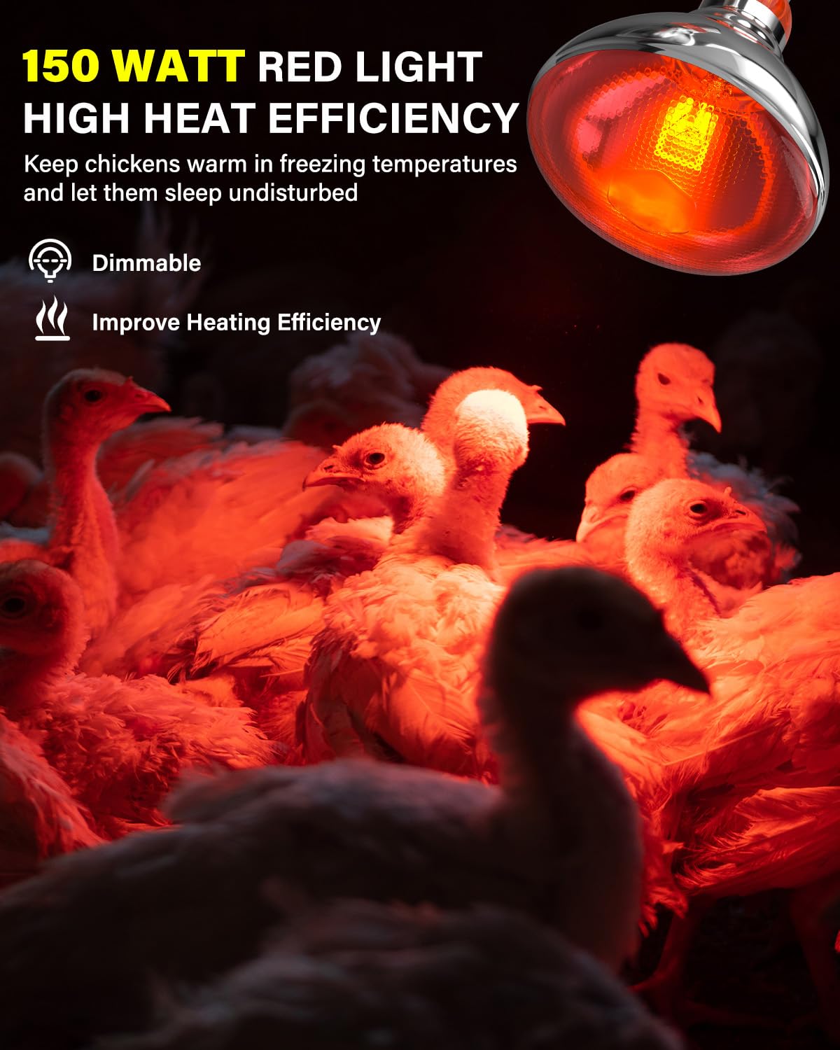 TobeBright Heat Lamp Bulbs for Chickens Coop Brooder with Plug in Cord,On/Off Switch,150 Watt E26 Reptile Heat Lamp Bulb Infrared Red Light for Chicks,Birds,Ducks,Dogs,Cats