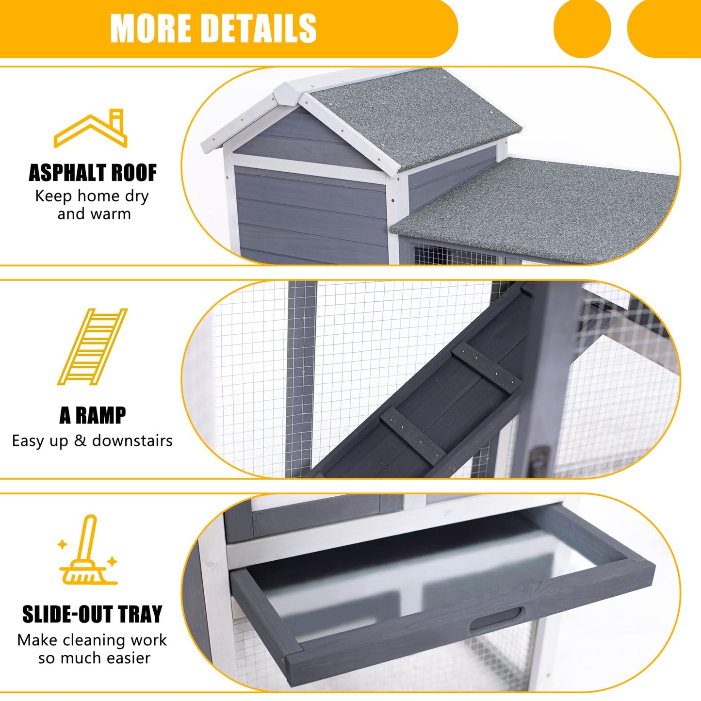GEGURI Large Rabbit Hutch Indoor Outdoor Chicken Coop Wooden Bunny Cage with Waterproof Roof (48''L x 24''W x 36''H Grey)
