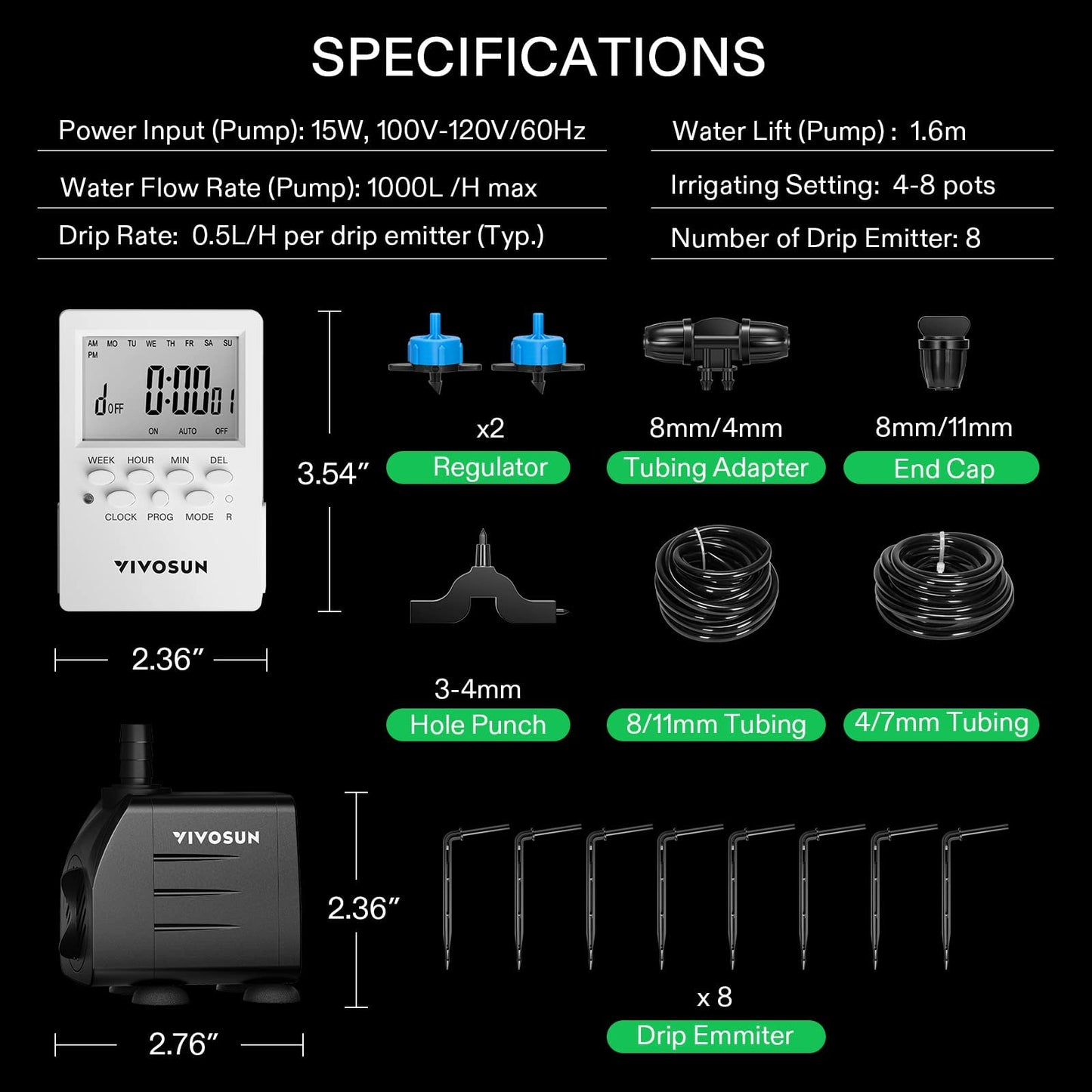 VIVOSUN DWC Hydroponics Grow System with Top Drip Kit and Professional Automatic Drip Irrigation Kits, 15W Output, All in One Professional Grow Kit- Includes Pump, Timer and Regulator, 8 Pots Garden P