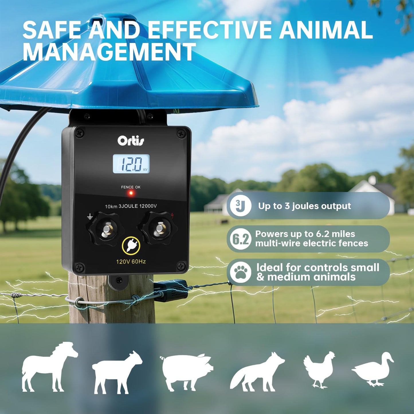 Electric Fence Energizer with LCD Display, Ortis 12,000V 3 Joules Electric Fence Charger, 6.2 Mile Range, Safe & Effective Animal Control for Livestock, Garden & Pasture Protection
