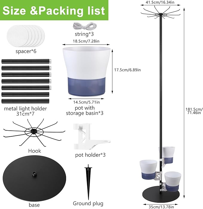 Tall Metal Plant Stand Outdoor/Indoor 72",Large Patio Plant Stand with Self-Watering Planter Pot & Hooks for Balcony,DIY Hydroponics Growing System Tower Garden Kit for large plants, Height Adjustable