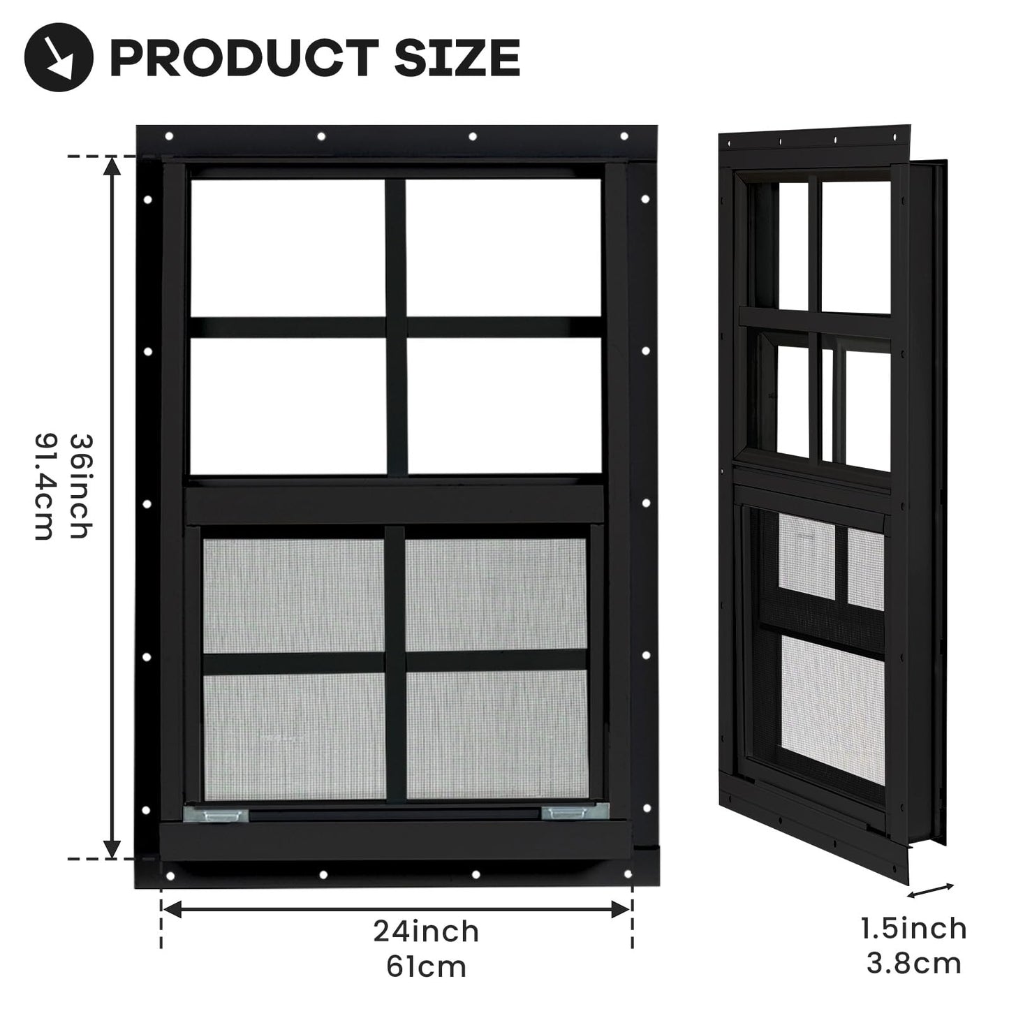 NOTASA Shed Windows 2 Pack, Chicken Coop Windows 24" x 36" with Tempered Glass and Fiberglass Screen, Flush Mounted Small Window for Shed, Barns, Playhouse, Household, Garage (Black)