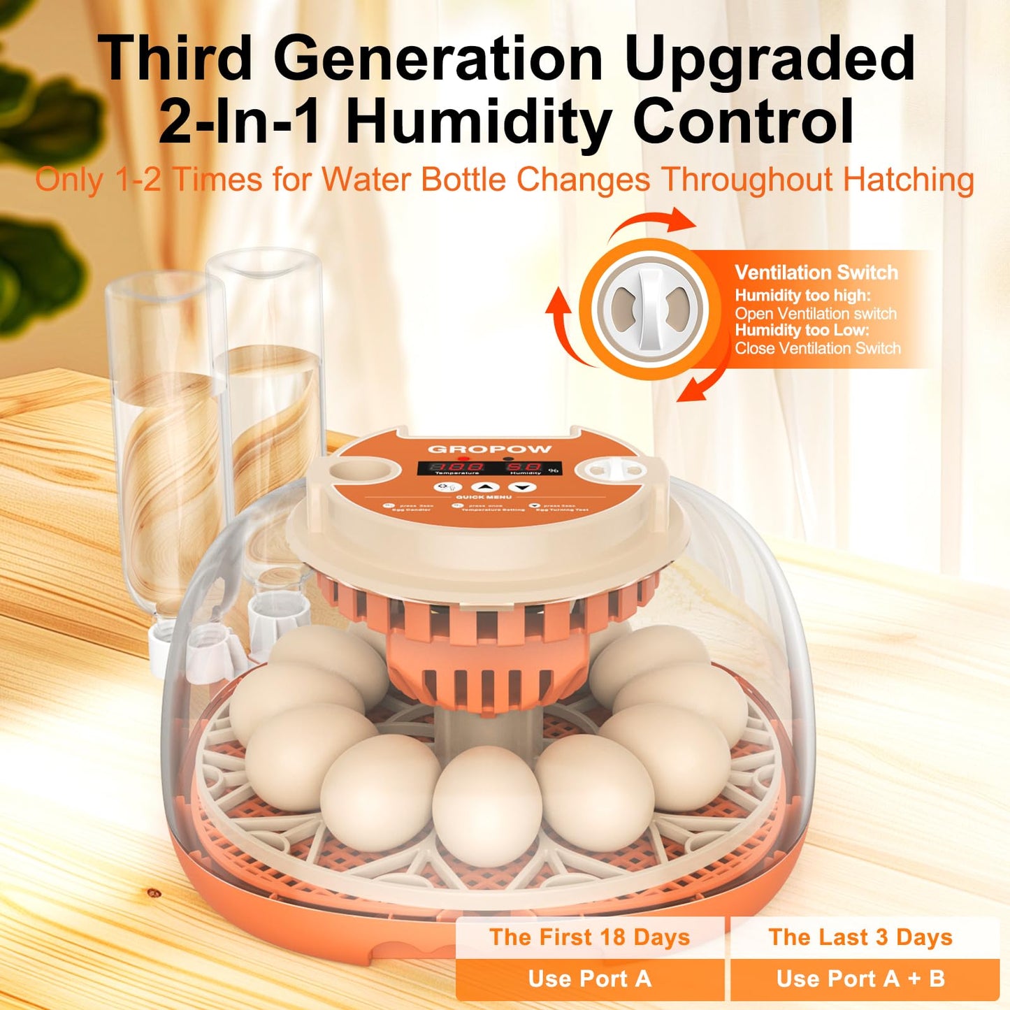 GROPOW 12 Egg Incubator, Automatic Turning with Temperature & Humidity Control, Egg Candler, 360 View with Air Vent, Auto Water Bottle Refill, Chicken Incubator for Hatching Eggs