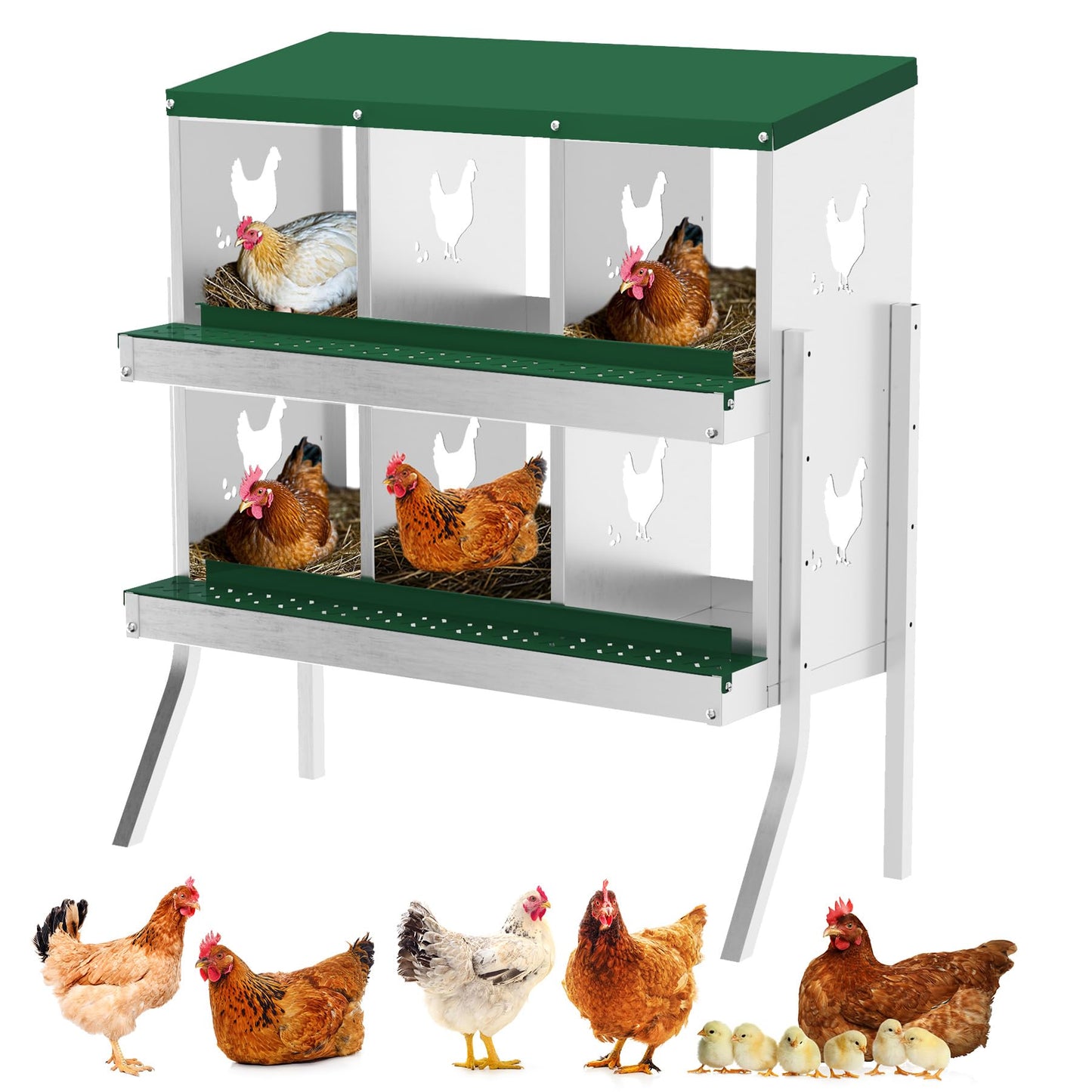 GarveeLife Nesting Boxes for Chickens, 6 Compartment Chicken Nesting Box with Metal Legs, Metal Chicken Laying Boxes with Perch, Secure Lid, Versatile Wall Mount or Free Standing for Hens, Green