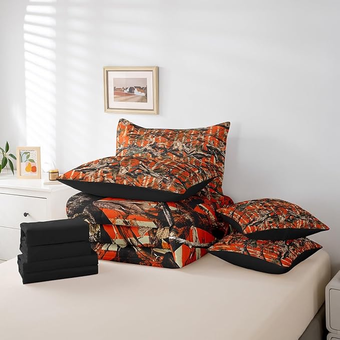Feelyou Tree Branches 7 Pieces Bedding Set, for Kids Wild Hunting Leaf Bed Set King Size Botanical Tree Bed in a Bag with Comforter, Sheets, Pillowcases Bedroom Decor Nature Theme Orange Brown