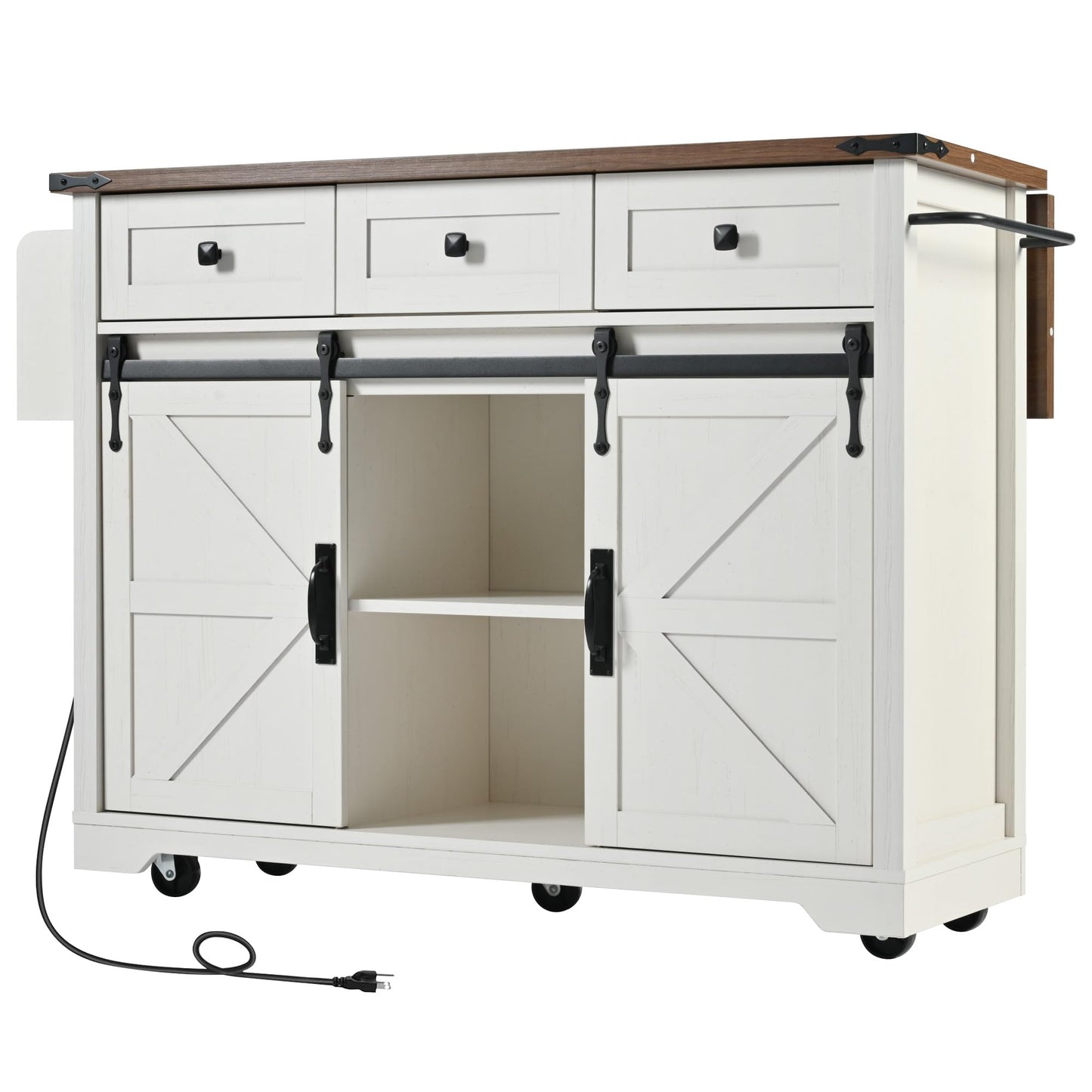 Ball & Cast Farmhouse Kitchen Island Cart with Power Outlet,2 Sliding Barn Doors,3 Adjustable Shelves,Dining Storage Island W/Drop Leaf,Spice Rack,Rolling Cart on Wheels,for Kitchen,Dining Room,White