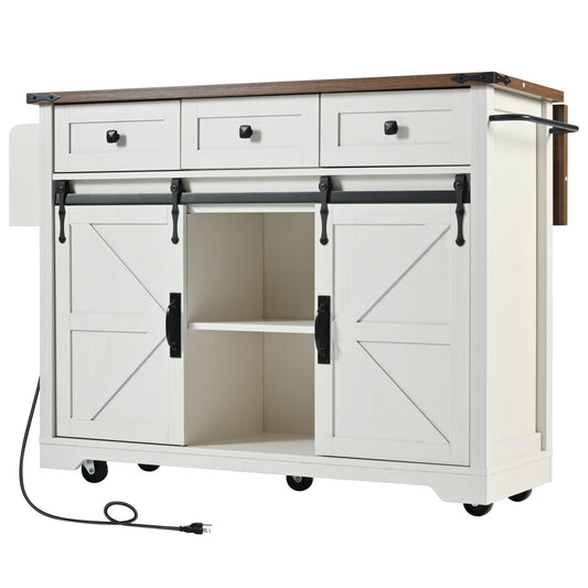 Ball & Cast Farmhouse Kitchen Island Cart with Power Outlet,2 Sliding Barn Doors,3 Adjustable Shelves,Dining Storage Island W/Drop Leaf,Spice Rack,Rolling Cart on Wheels,for Kitchen,Dining Room,White