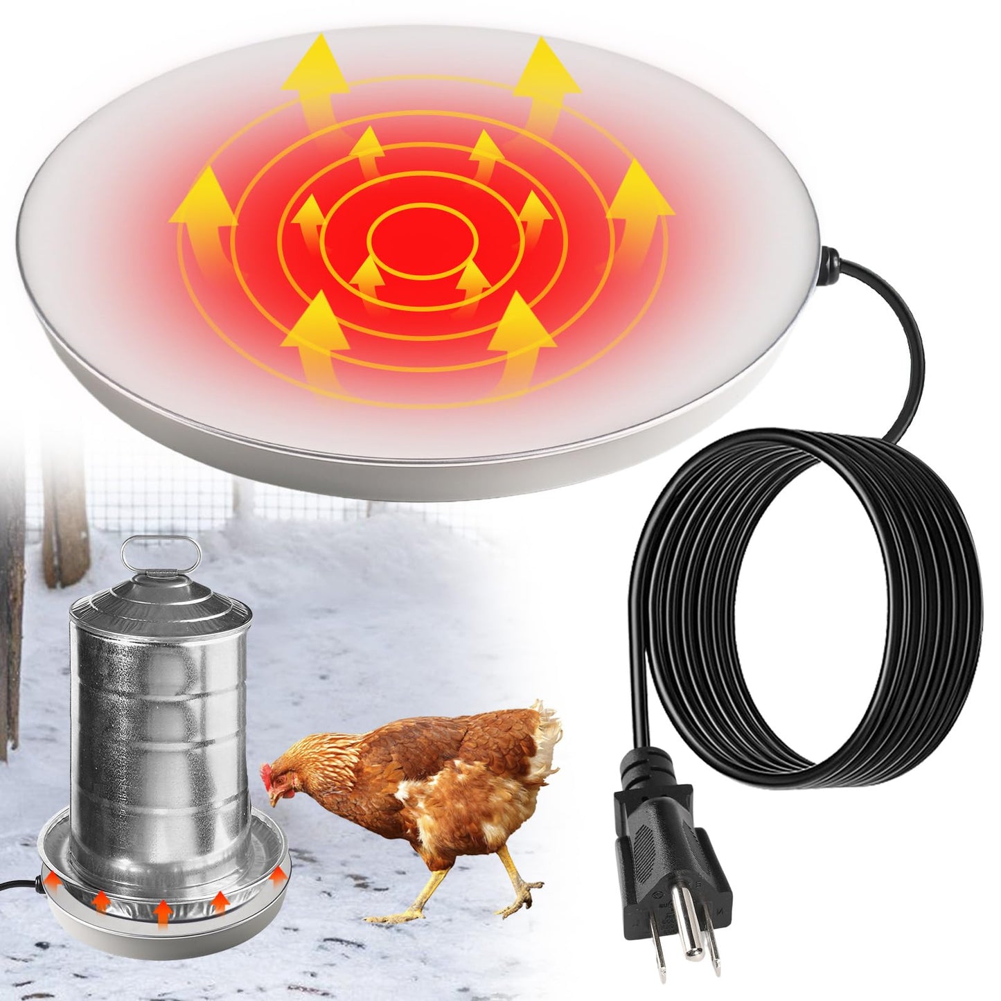 MEWTOGO Chicken Water Heater for Winter - 60W Poultry Waterer Drinker Heated Base for 1-3 Gallon Plastic/Metal Poultry Founts, Thermostatically Controlled for Outdoor Indoor Coop