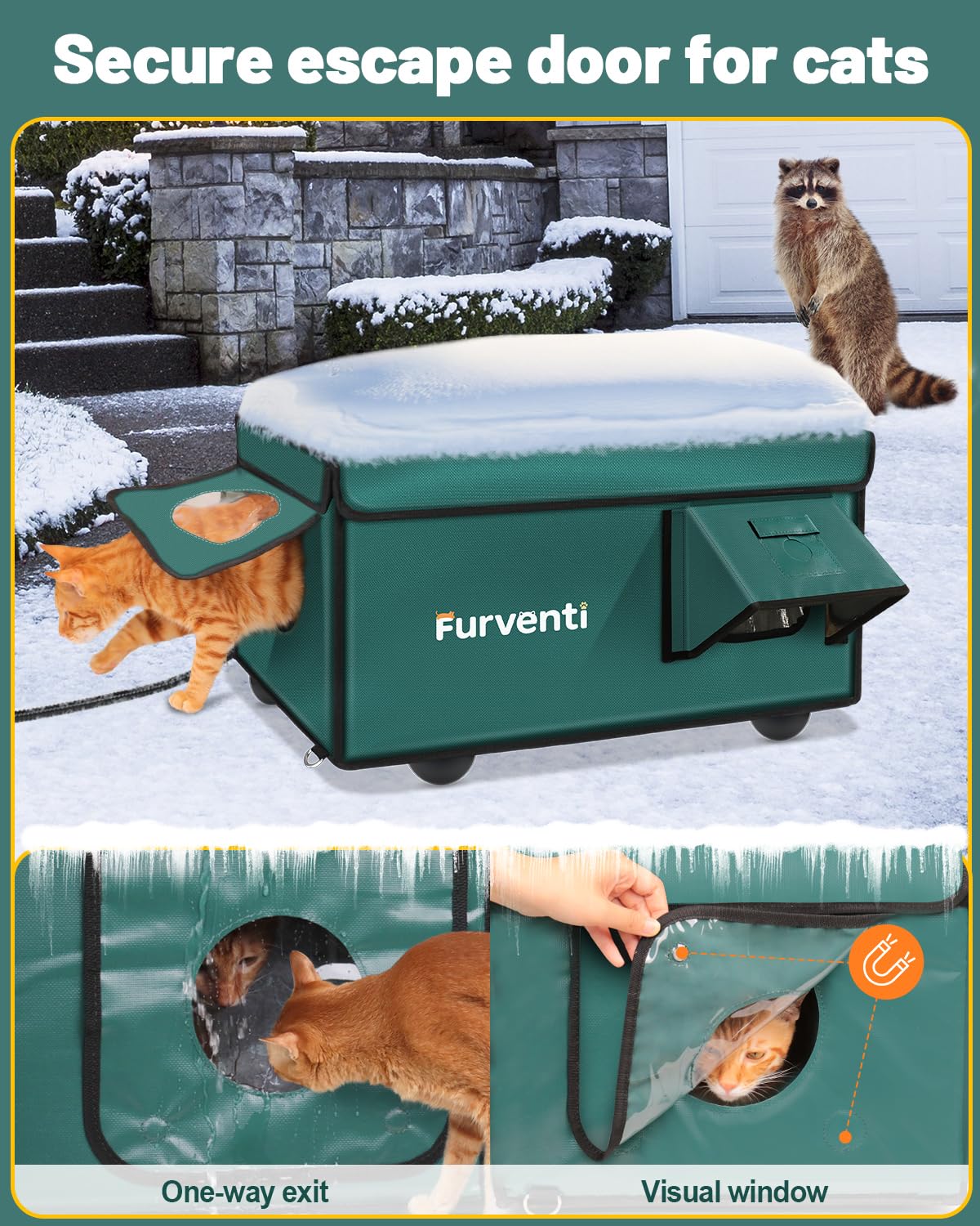 Heated Cat House for Outside with Dual Doors, Insulated Cat House Outdoor with Heating Pad, Weatherproof Heated Outdoor Cats Houses Waterproof for Feral Cats (Deep Green, 17" L x 12" W x 13" H)