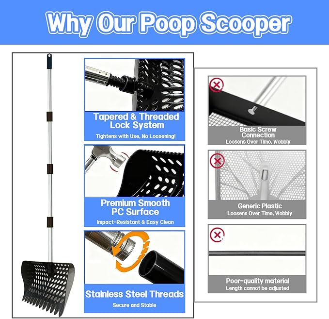 Chicken Poop Scooper & Rake 4-in-1, 9" Sifting Plate with Adjustable Stainless Steel Handle (35.4"-63") - Chicken Coop Scoop for Chicken Coops, Sand & Animal Litter (Single Unit, Black)