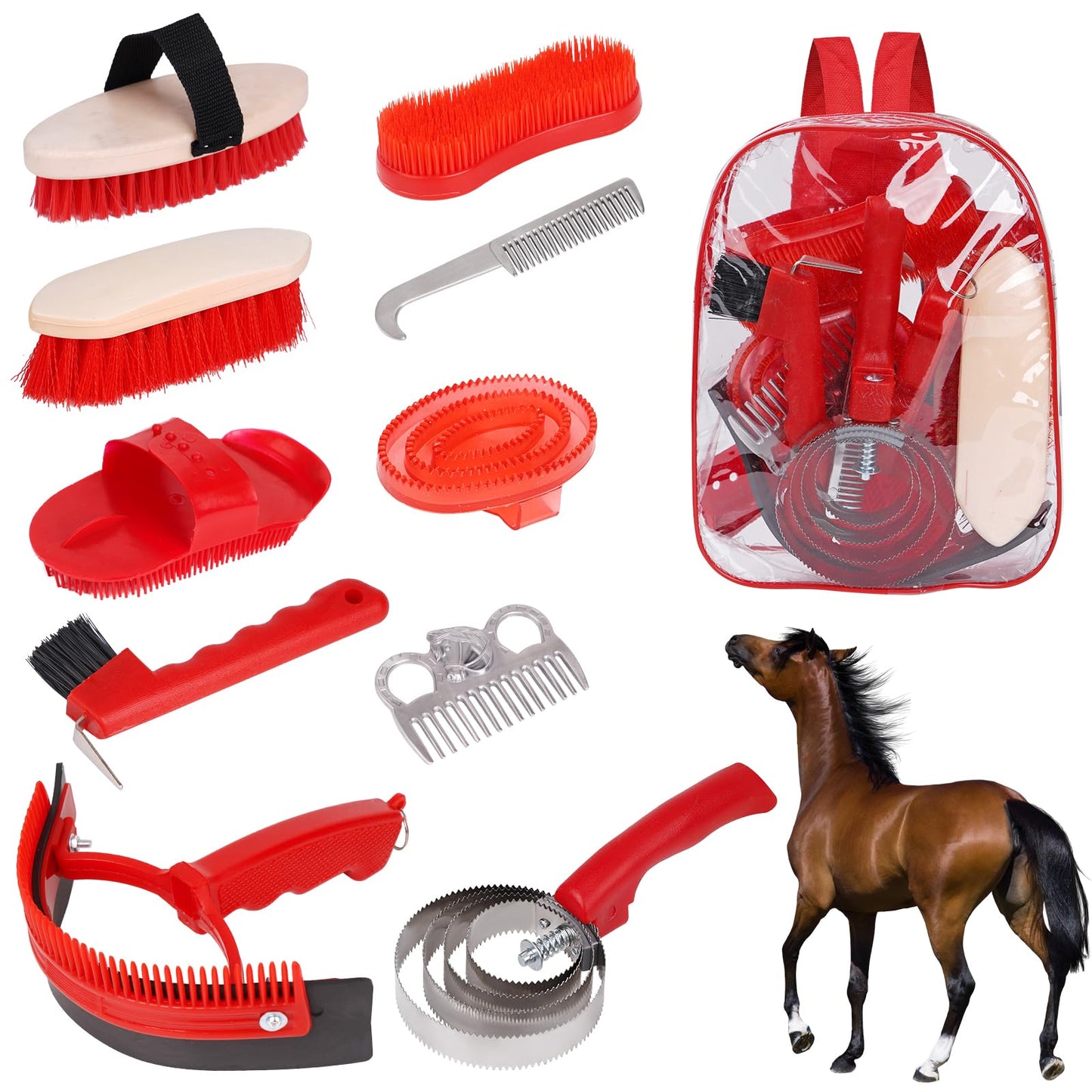 KHEARPSL Horse Grooming Kit, Horse Brushes for Grooming 10pcs Horse Cleaning Tool Set with Tote Bag, Sweat Scraper, Curry Comb, Brush, Hoof Pick, Livestock Bathing Supplies Equine Care Supplies