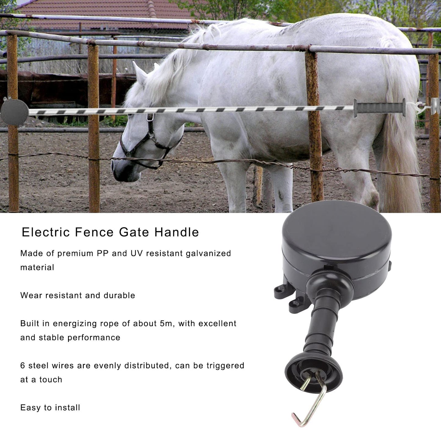 Electric Fence Gate Handle, Retractable Insulated 5m Energizing Rope Kit Heavy Duty Easy Installation Safety Agricultural Fencing Gate Handle for Farm Ranch Livestock Fence Accessories