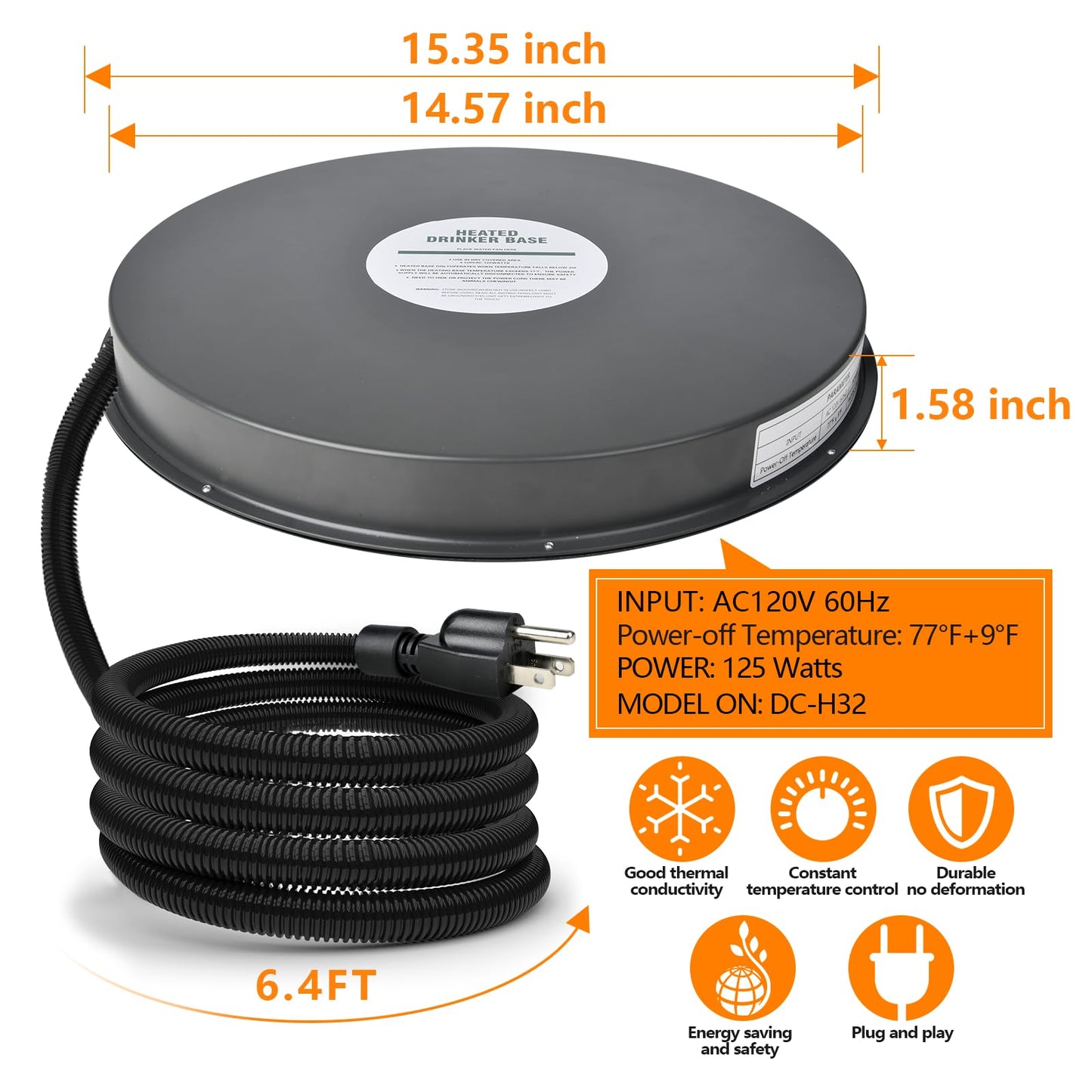 Chicken Water Heater for Winter - 15.35" Poultry Waterer Heated Base, 125W Drinker Heater Base with Thermostat to Prevent Water Freezing in Metal or Plastic Drinkers