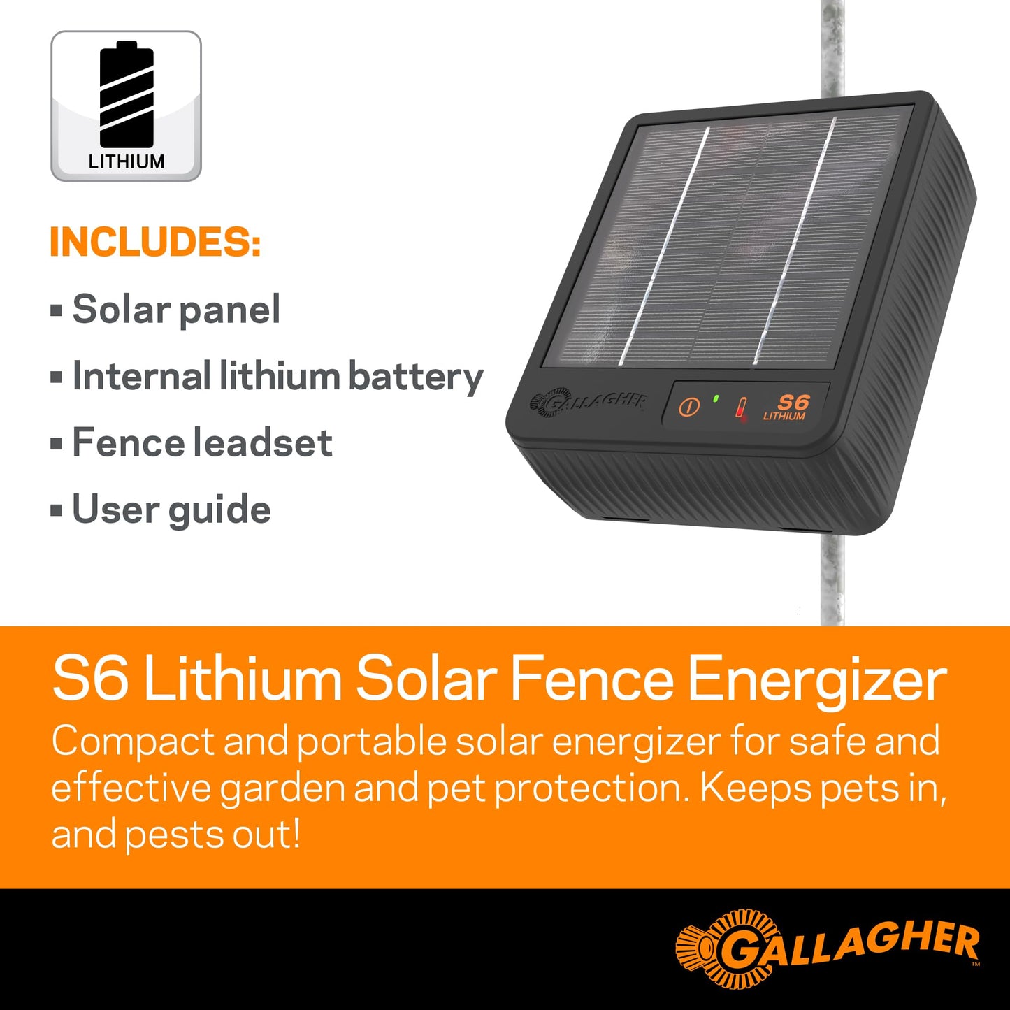 Gallagher S6 Solar Electric Fence Charger | Solar Fence Energizer for Gardens, Chickens, Goats, and Pets | Solar-Powered Fence Charger with Lithium Battery | Mounts Directly to Grounding Rod