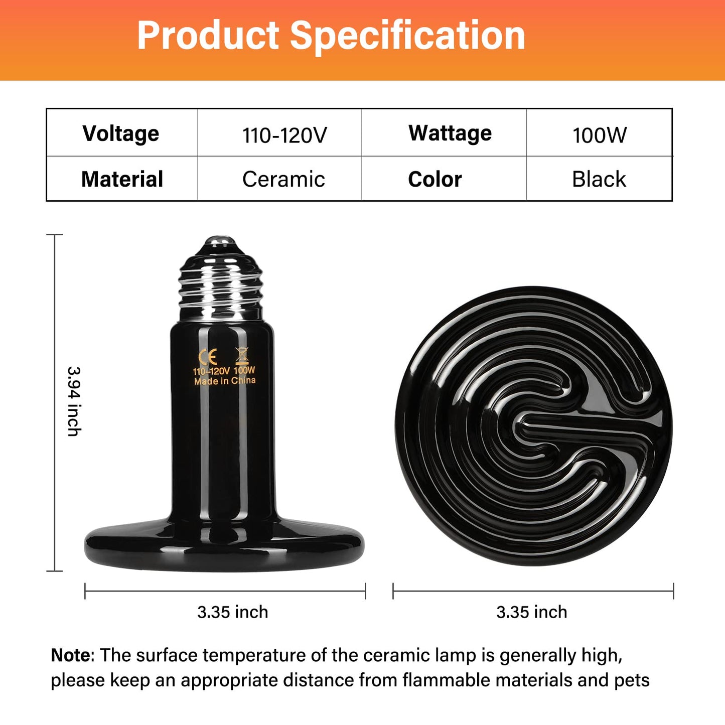 HealSmart Reptile Heat Lamp 100W 2-Pack Ceramic Heat Emitter, No Light Emitting Infrared Heat Bulbs for Amphibian Pet Brooder Coop Incubating Chicken, Lizard Bearded Dragon Turtle Snake Terrarium