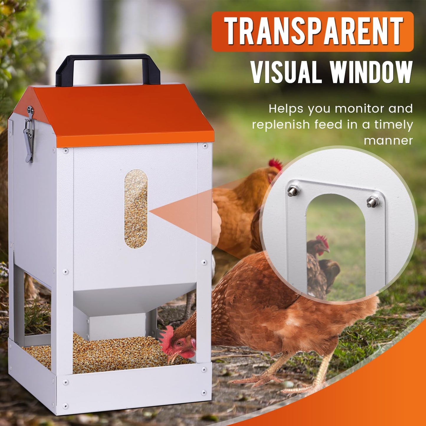 Galvanized Automatic Chicken Feeder No Waste 20lbs Large Metal Chicken Feeders Trough Dispenser Outdoor Poultry Feeders with Visual Window and Weatherproof Lid for Chickens Ducks Geese Turkeys Quails