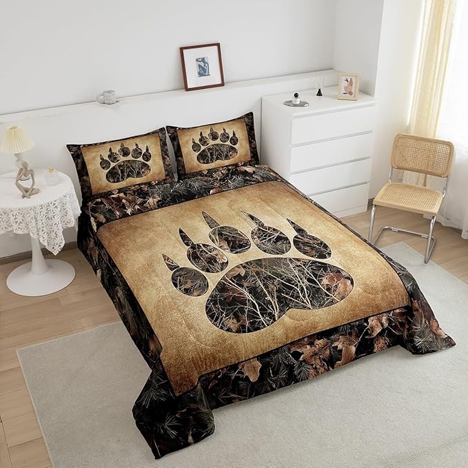 Erosebridal Rustic Farmhouse Bedding Sets Queen Camo Bear Paw Comforter Set Woodland Hunting Camouflage Animal Bedding Comforter Sets for Kids Boys Adults Men,Retro Cabin Wildlife Quilt Set