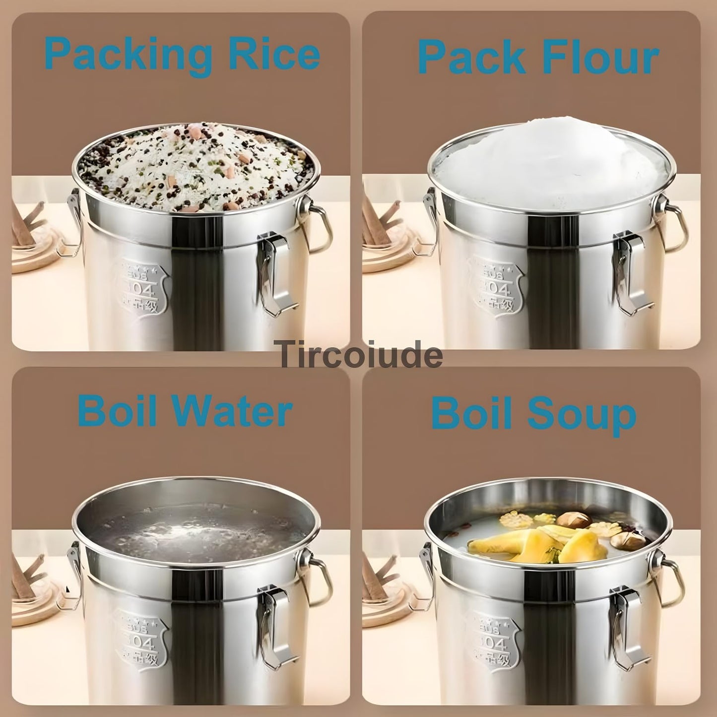 Tircoiude 304 Stainless Steel Kitchen Airtight Canister, 12L 3.1 gal Rice Oil Food Storage Bucket Transport Can with andles Airtight Lid for Rice Flour Grain Coffee Bean Pail Container