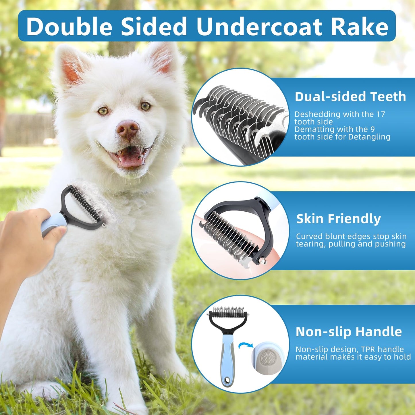 Lanswood Dog Brush Dog Grooming Kit 6PCS Dog Brush for Shedding-Dog Brushes for Grooming, Dematting Comb for Dogs, Cat Nail Clipper with Nail File, Flea Comb, Bath Brush-Blue