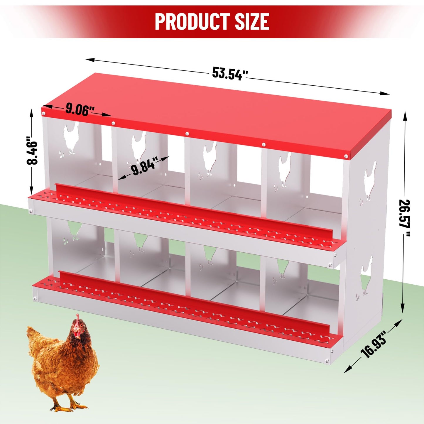 Chicken Nesting Boxes, 8 Compartments Nesting Boxes, Metal Chicken Laying Box with Roll Out Egg Collection with Vented Holes for Hens, Red