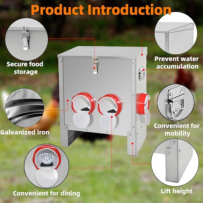 Automatic Poultry Chicken Feeder No Waste Metal Large Capacity 30 lbs Feeders for Chickens Ducks, Geese Bantams Pheasants Coop Weatherproof (4-Port)