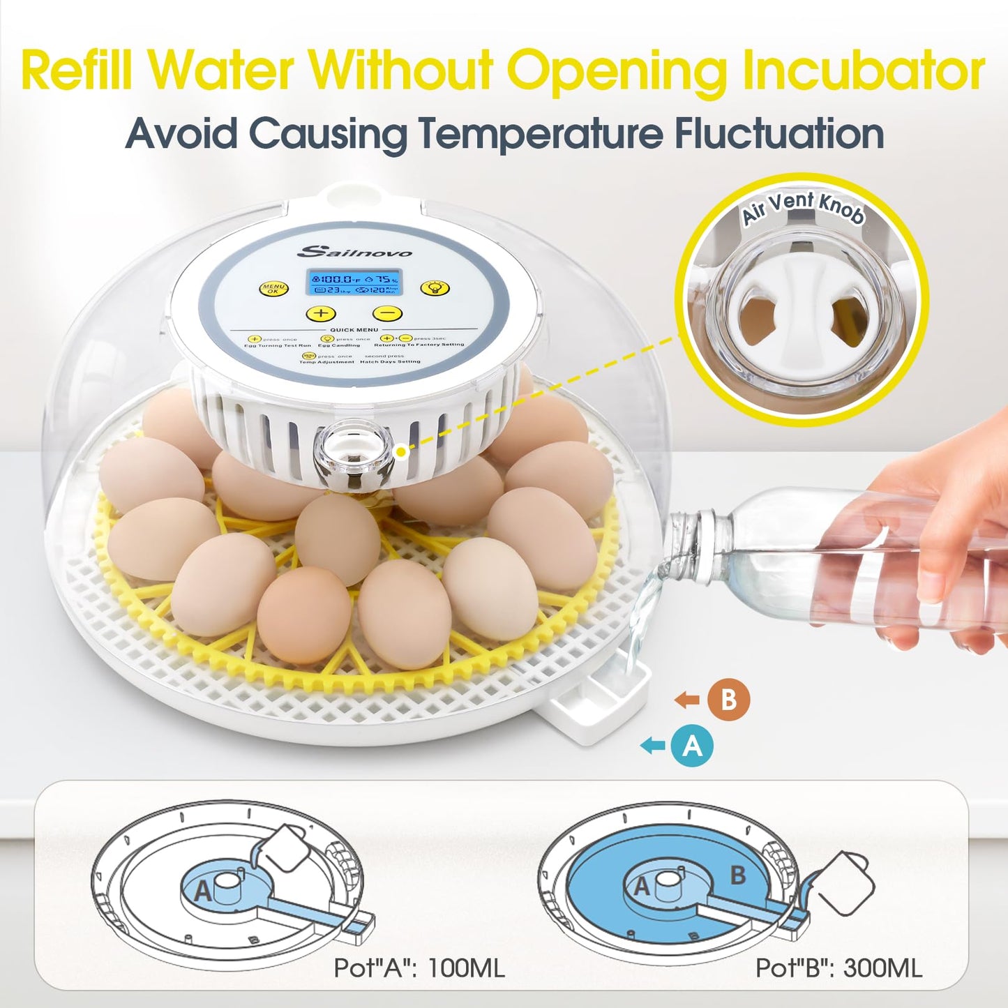 18 Egg Incubator,Automatic Turning,Egg Candler,Air Vent, Hatching Chicken Duck Quail Bird,Poultry Incubator for Hatching Chick (Grey-Yellow)