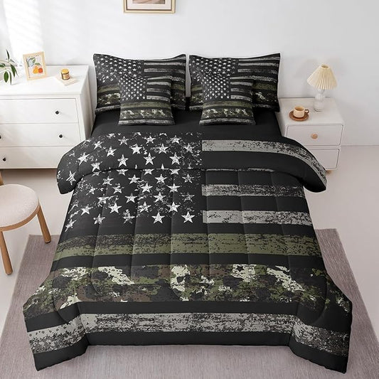 jejeloiu Kids Green Camouflage Comforter Set with Sheets Queen Size American Flag 7 Pieces Bedding Set for Boys Girls Bedroom Decor Vintage Camo Military Style Disruptive Pattern Bed in a Bag Soft