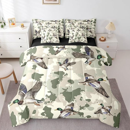 jejeloiu Khaki Mallard Duck Comforter Set with Sheets King Size Kids Wild Duck Hunting Bed in a Bag for Boys Camouflage Camo Military Style Hunting Wild Animal 7 Pieces Bedding Set Soft Room Decor