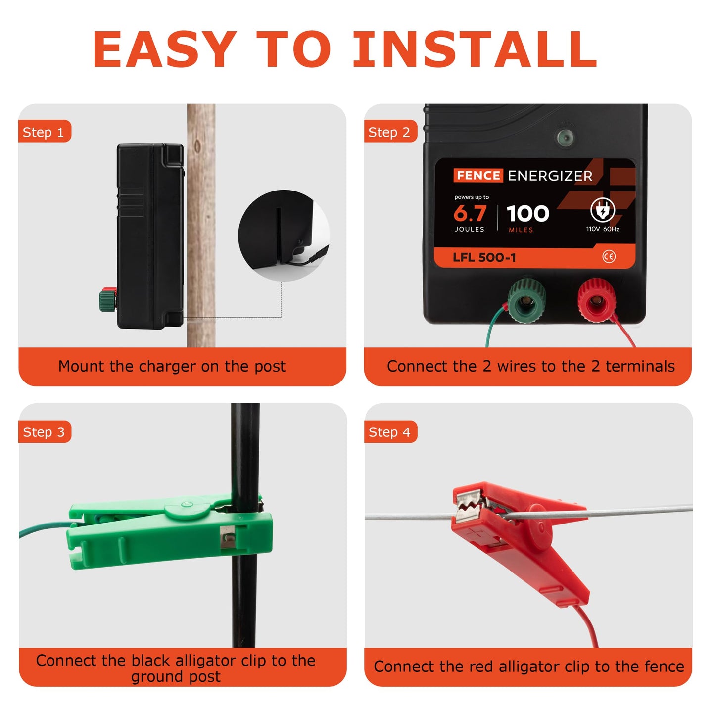 Electric Fence Charger AC Powered 100 Miles 300 Acres, 110 Volt 6.7 Joule Plug-in Electric Fence Energizer, Output Voltage Max 10.2 kV for Livestock, Preventing Predators from Intruding