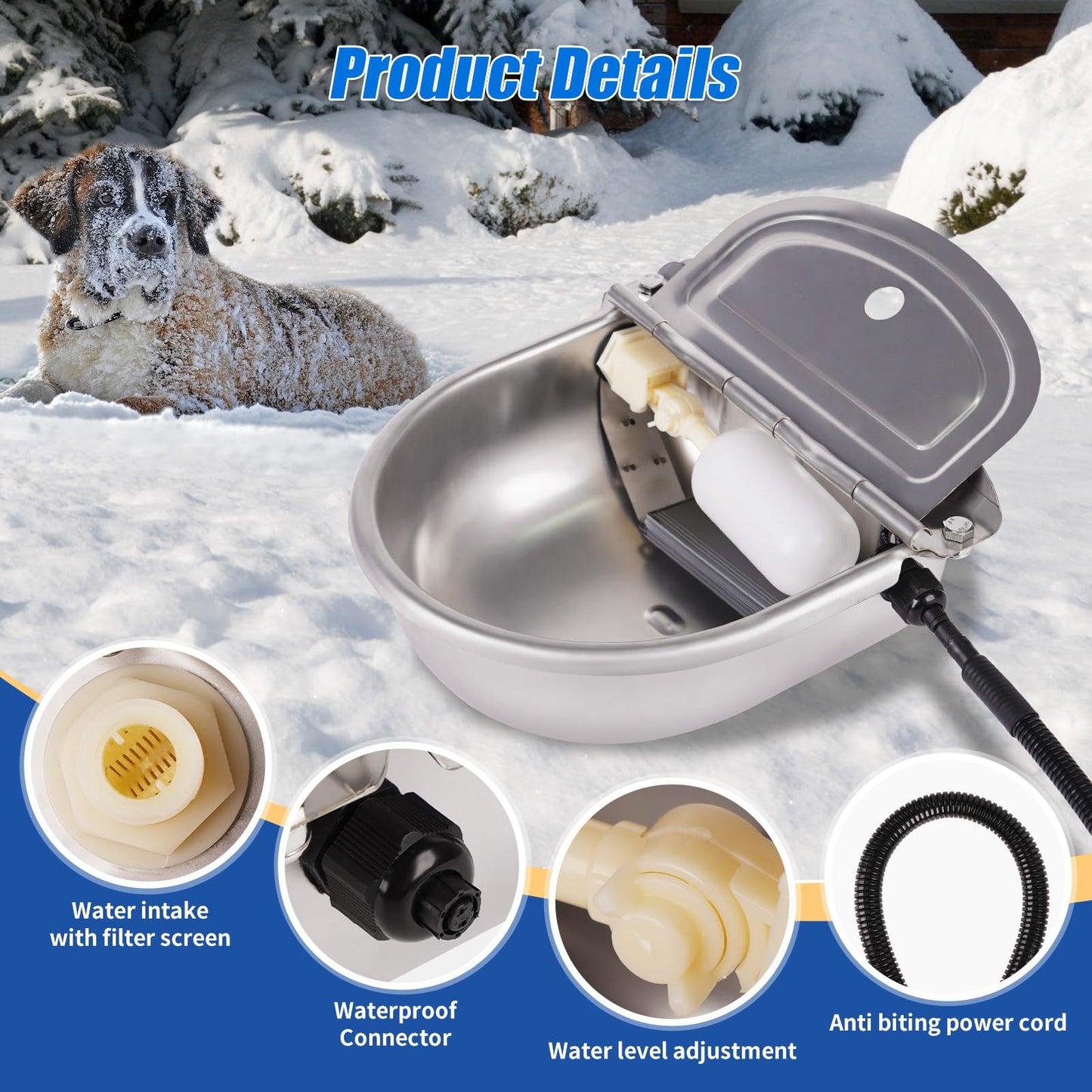 Heated Water Bowl for Dogs Outdoor Cats Large Breed Automatic Dog Water Dispenser Auto Fill Heated Pet Water Bowl Outside Pet Waterer for Chicken Goat Pig Horse Livestock