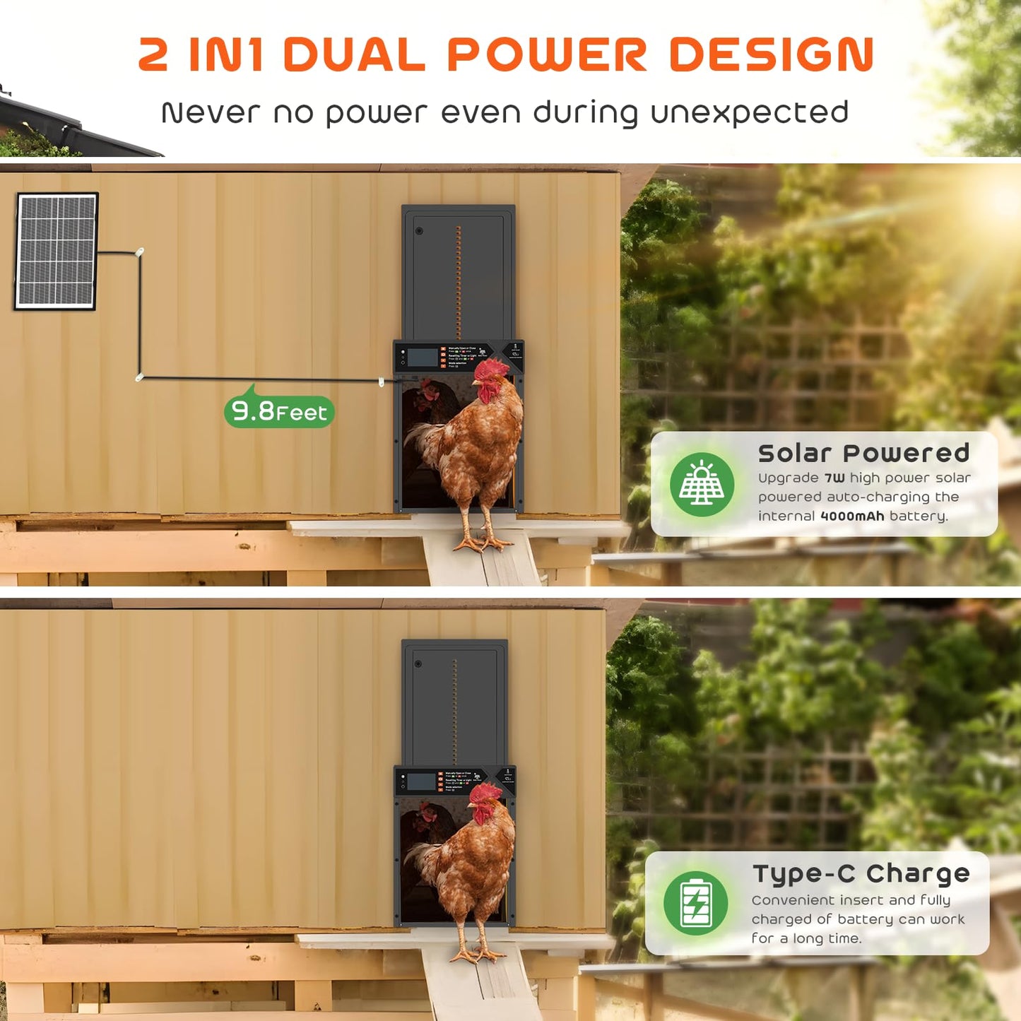 Large Automatic Chicken Coop Door, 4000mAh High Capacity Chicken Coop Door 7W Solar Powered with Timer & Light Sensor, Anti-Pinch Auto-Aluminum Chicken Door with Wire Clip & Remote Control-Black
