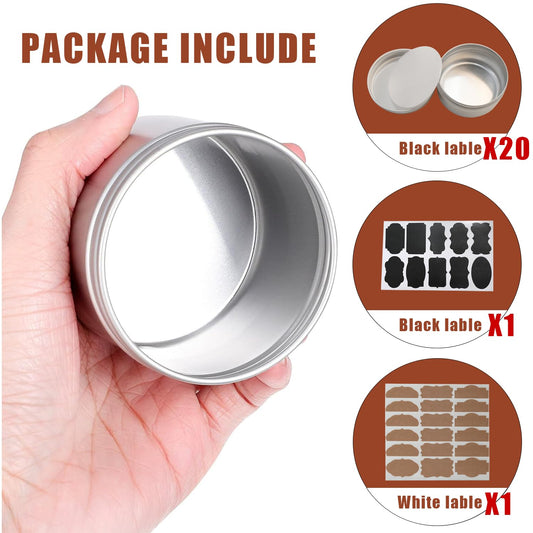 LIYAR 3 oz Tins Aluminum Can 20 Pack Salve Tins Metal Tin Jars, 3oz Tin with Lids Refillable Containers With Screw Top and Labels for Salve,Candle,Spices or Balms(Silver)