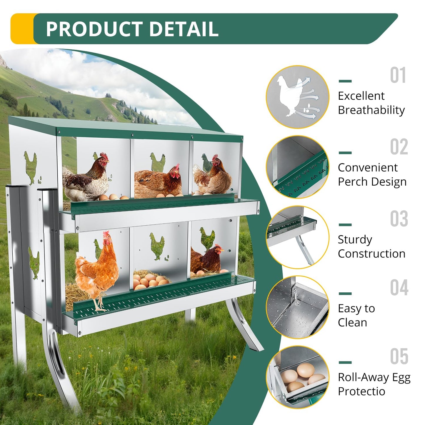 POWLAB 6 Compartment Chicken Nesting Box - Heavy Duty Metal Coop with Roll Away Egg Collection, Perch, Lid Cover for Egg Protection - Wall Mount/Free Standing Nest Box for Chickens, Hens, Ducks