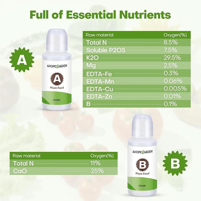 Ahopegarden 800ml A&B Hydroponic Nutrients: Hydroponic Plant Food for Aerogarden, Liquid Plant Food for Vegetables, Fruits, Flowers, ect - All-in-One Fertilizer Solution for Hydroponics Growing System