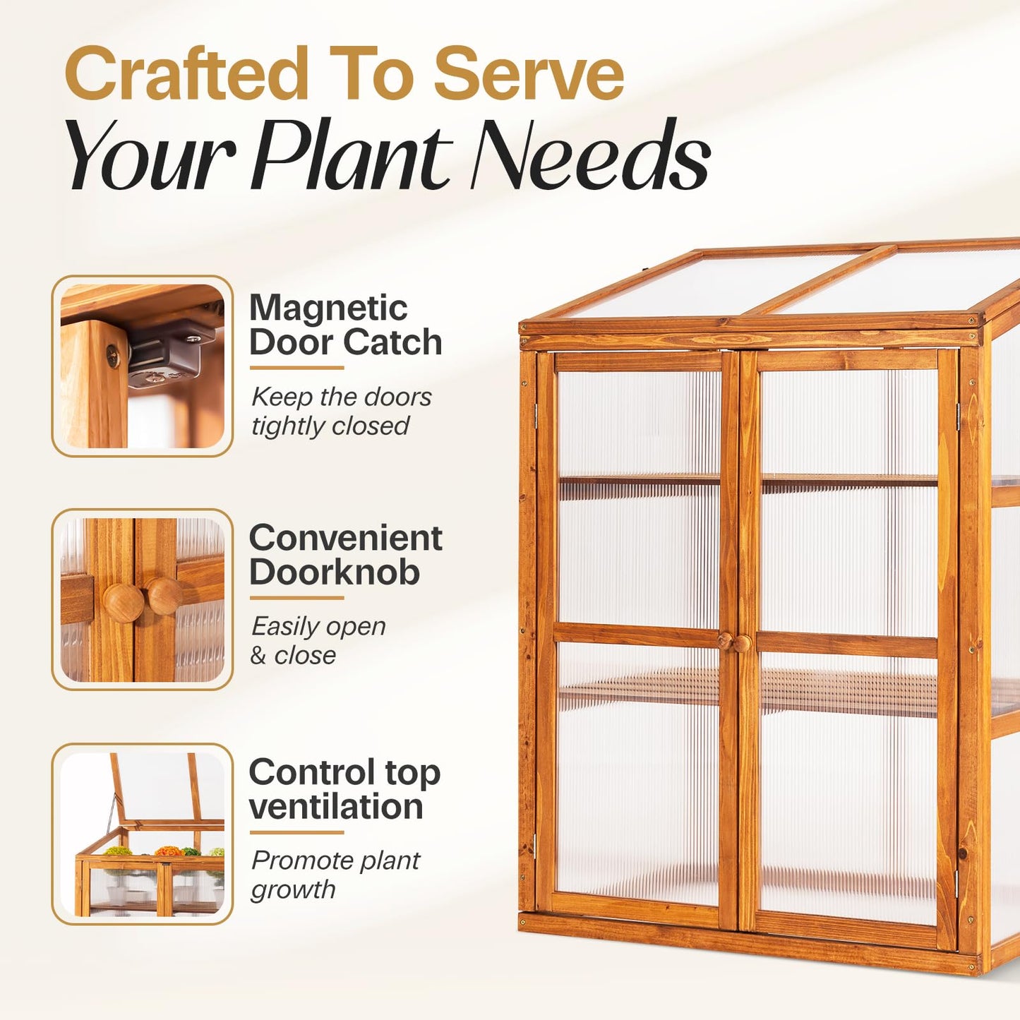 IDZO Fir Wood Cold Frame Greenhouse for Outdoors, 2-Tier Greenhouse Cabinet with Transparent Polycarbonate Sheet & Foldable Top Creates an Ideal Environment for Various Plant Growth, Easy Assembly