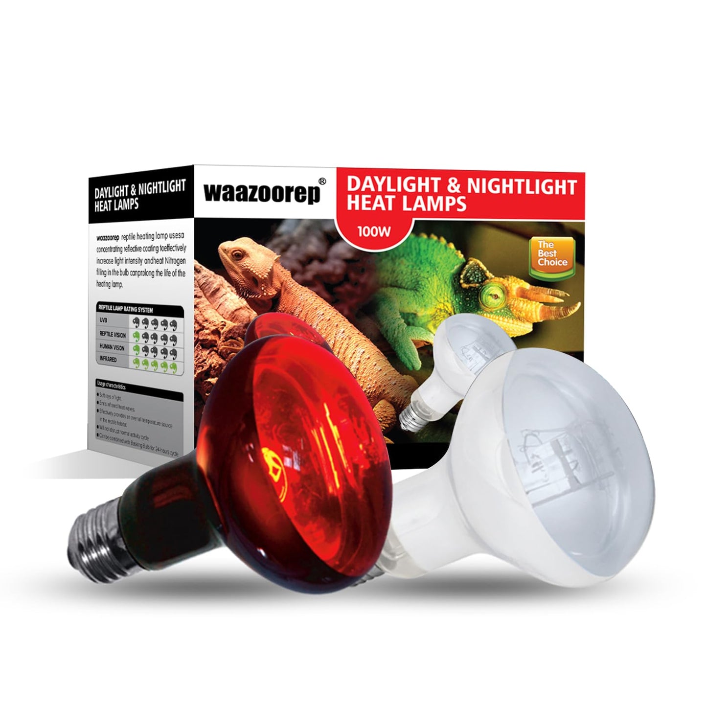 waazoorep Reptile Heat Lamp Bulbs 100W 2 Pack,Day and Night Infrared Basking Spot Heating Light Combo,UVA Heat Lamp Bulb for Reptile and Amphibians,Bearded Dragon, Lizard, Turtle