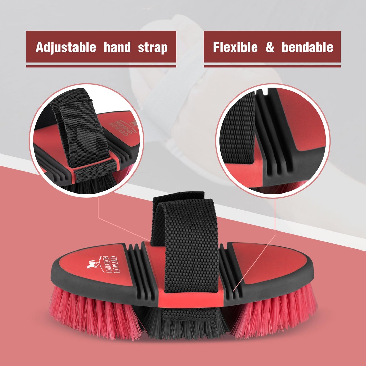 Harrison Howard Flexible Finish Horse Grooming Brush - Bendable and Convenient for Scrubbing, Comfortable Hold in Hand - Red