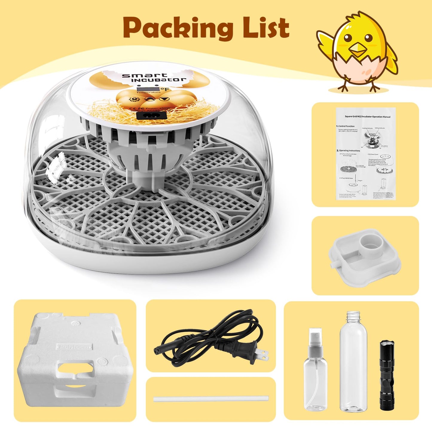 Egg Incubator for Hatching Chicks, Automatic Egg Turner Holds 12 Eggs, Smart Incubator 360° Clear Window with Temperature Display Egg Candler for Small Poultry Chickens Ducks Quails Eggs