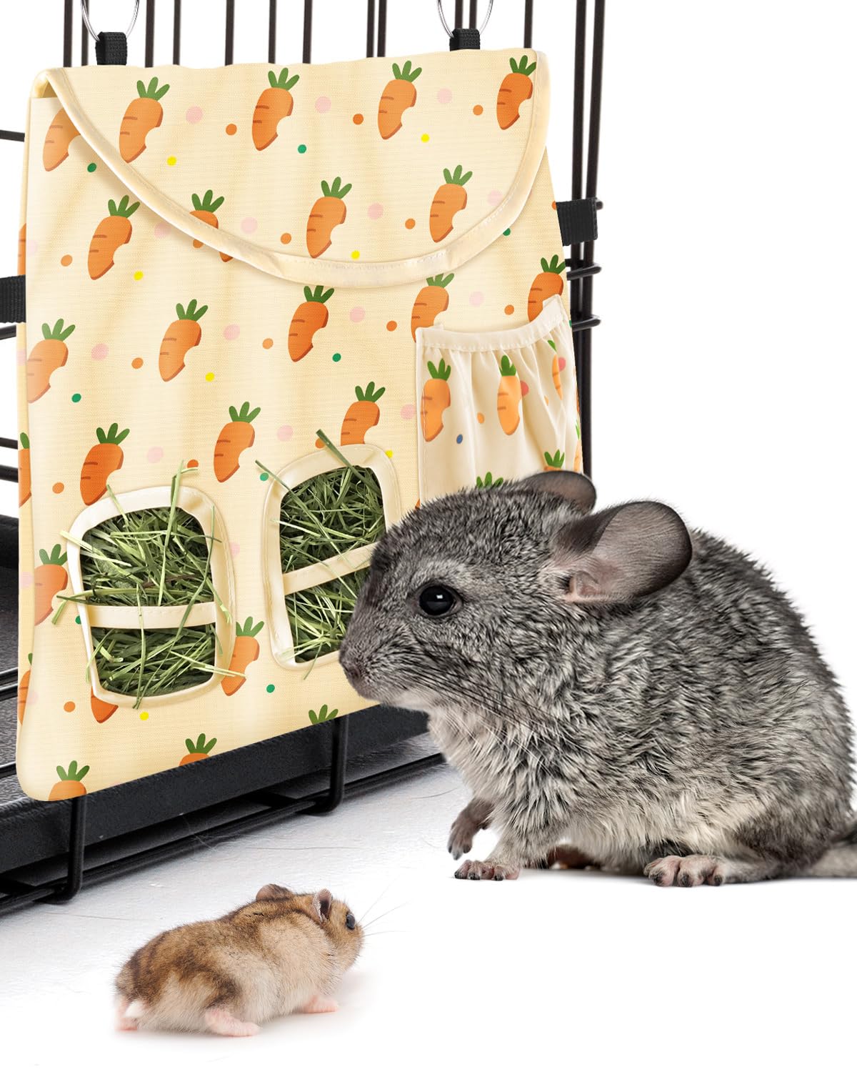 Bissap Rabbit Hay Feeder Bag, 2 Holes Hanging Hay Feeder Guinea Pig Hay Bag with Side Pocket for Rabbits Bunny Chinchillas Hamsters Rats and Other Small Pets Small Animal - Beige