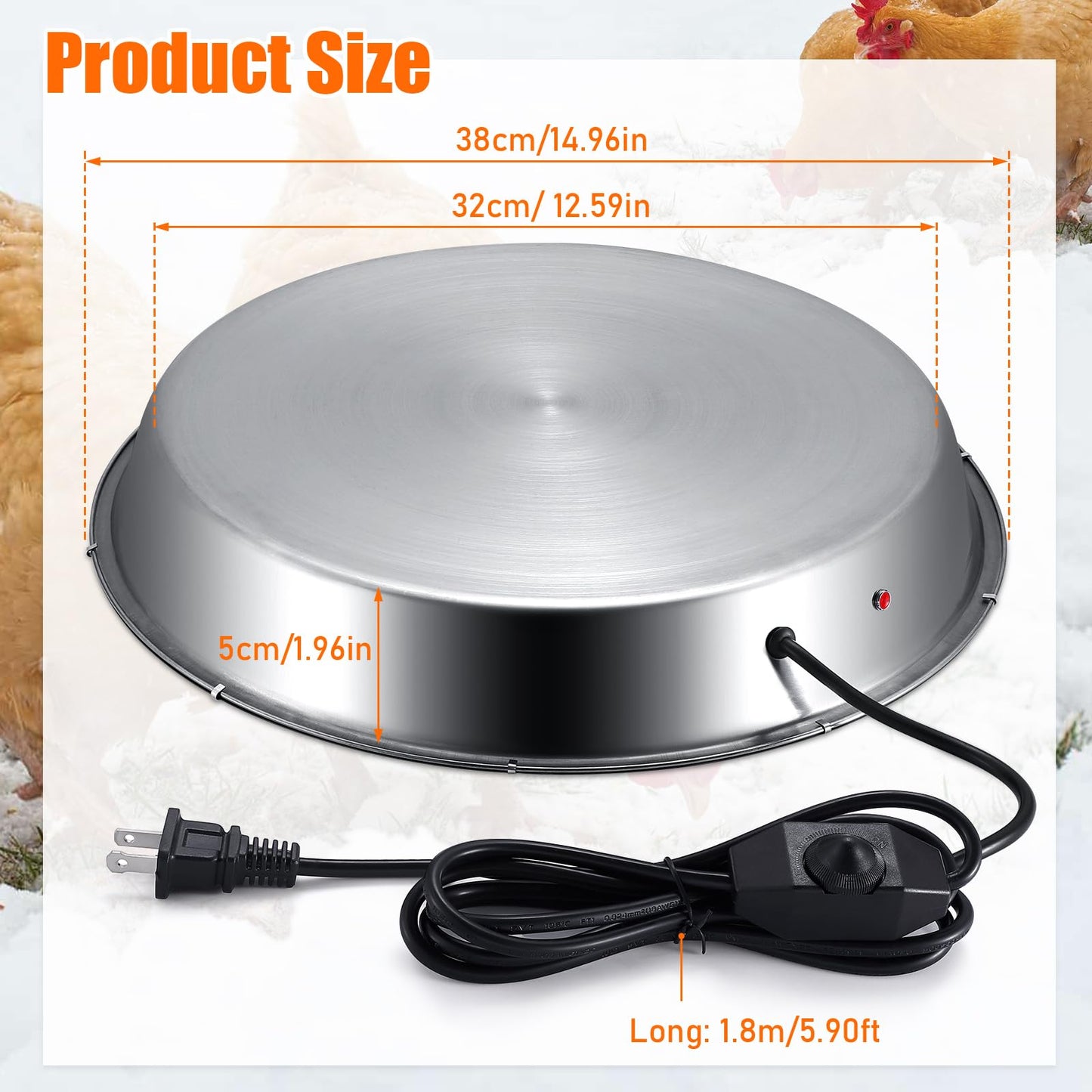 Large Chicken Water Heater Base, 15" Metal Heated Chicken Waterer 5 Gallon, Freeze Proof Chickens Coop Winter Deicer Heated Base, Poultry Drinker Heater Base for Outdoor Coops & Cold Winter