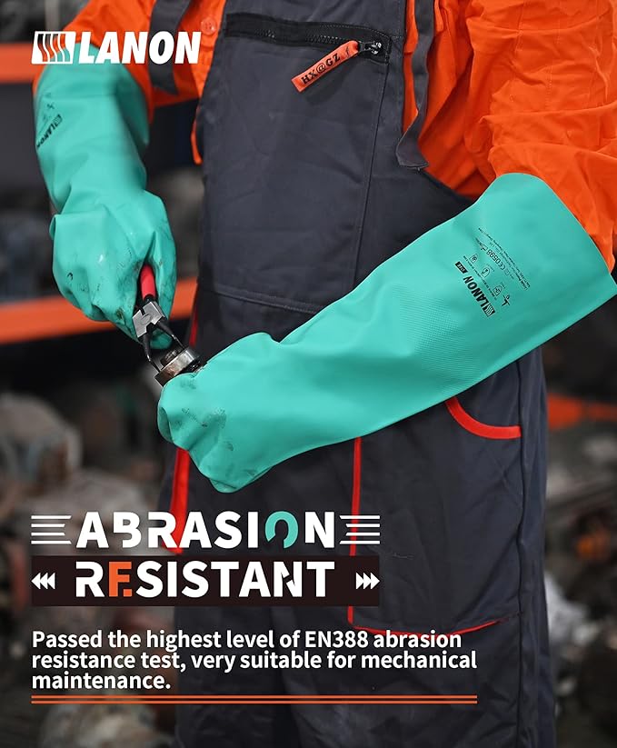 LANON Nitrile Chemical Resistant Gloves, Reusable Heavy Duty Safety Work Gloves, Acid, Alkali and Oil Protection, 18" Length, Non-Slip, XL