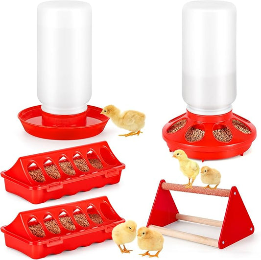 Chick Feeder and Waterer Kit, Plastic Baby Chicken Feeder and Waterer Set with Chick Perch