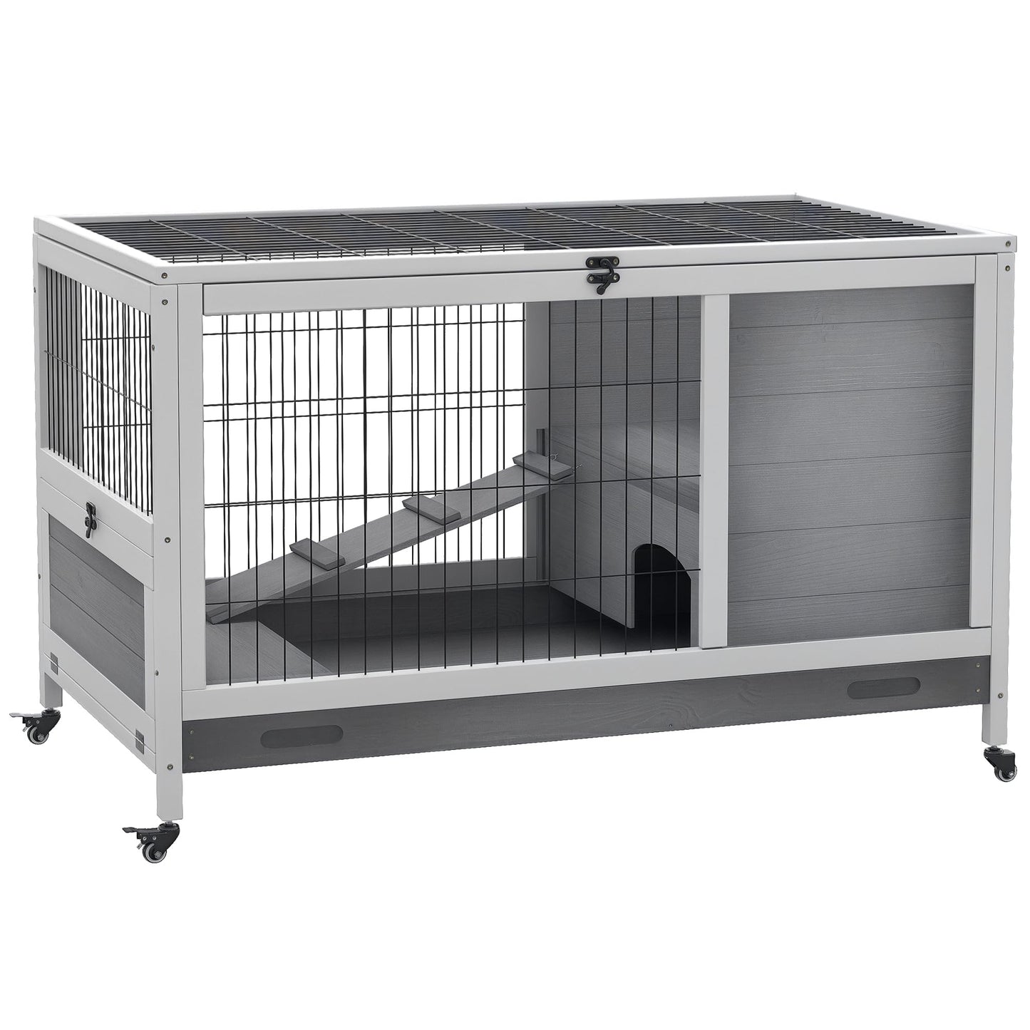 PawHut Wooden Rabbit Hutch Indoor Outdoor, Elevated Bunny Cage with No Leak Tray Enclosed Run with Wheels, Ideal for Guinea Pigs and Small Animals, Gray