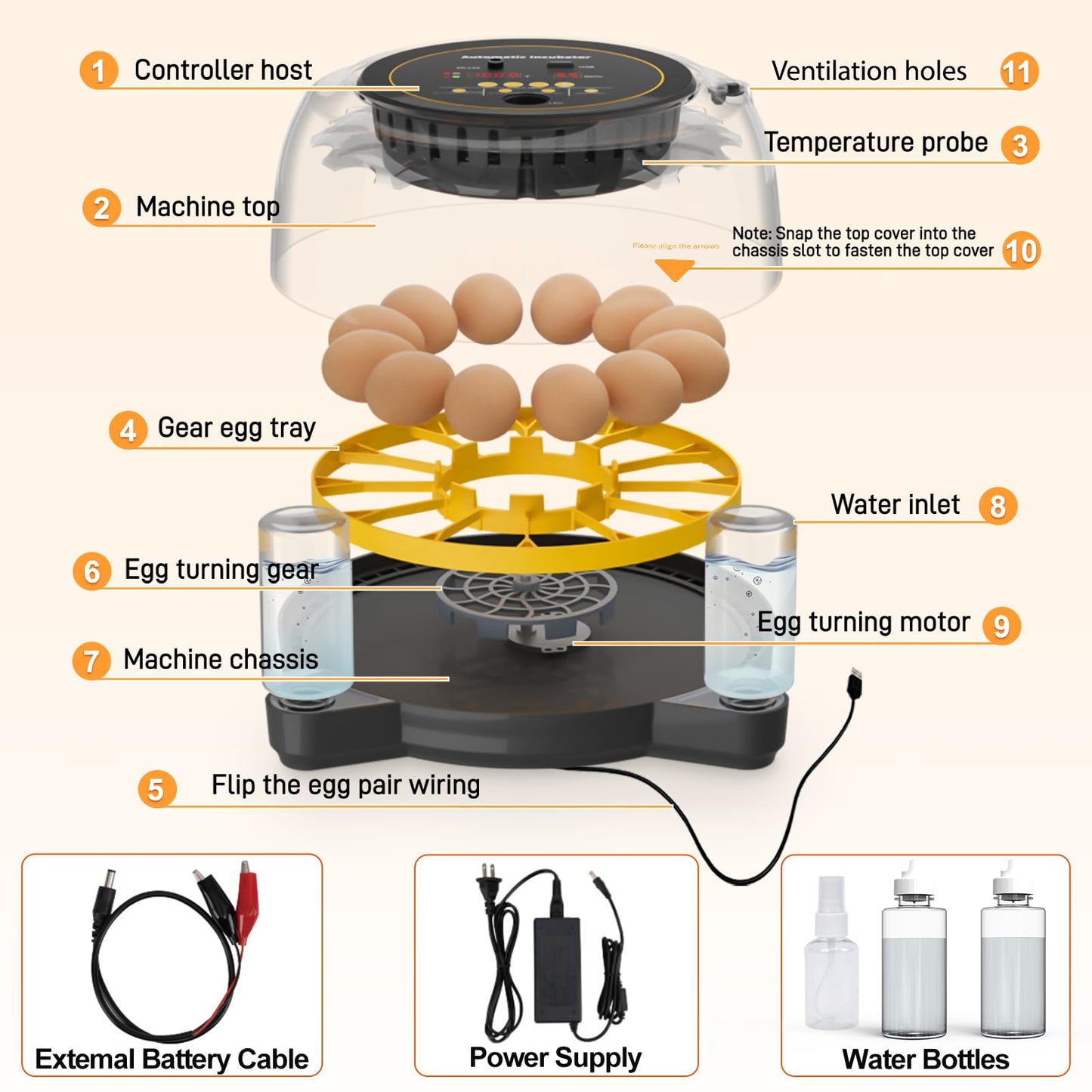 12 Incubators for Hatching Eggs, Egg Incubator with Automatic Egg Turning and Humidity Control, Incubator for Chicken Eggs, Egg Candler, Hatching Eggs for Chick Quail Duck, with Water Bottles -Black