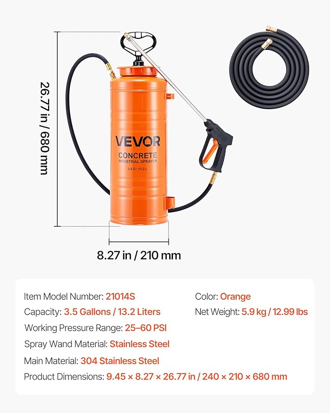 VEVOR Industrial Concrete Sprayer, 3.5 Gallon Stainless Steel Sprayer, Heavy Duty Tri-Poxy Pump Sprayers, 20.5"Wand with Ergonomic Gun Handle, 48"& 120"Hose, 2 Brass Nozzles for Construction, Garden