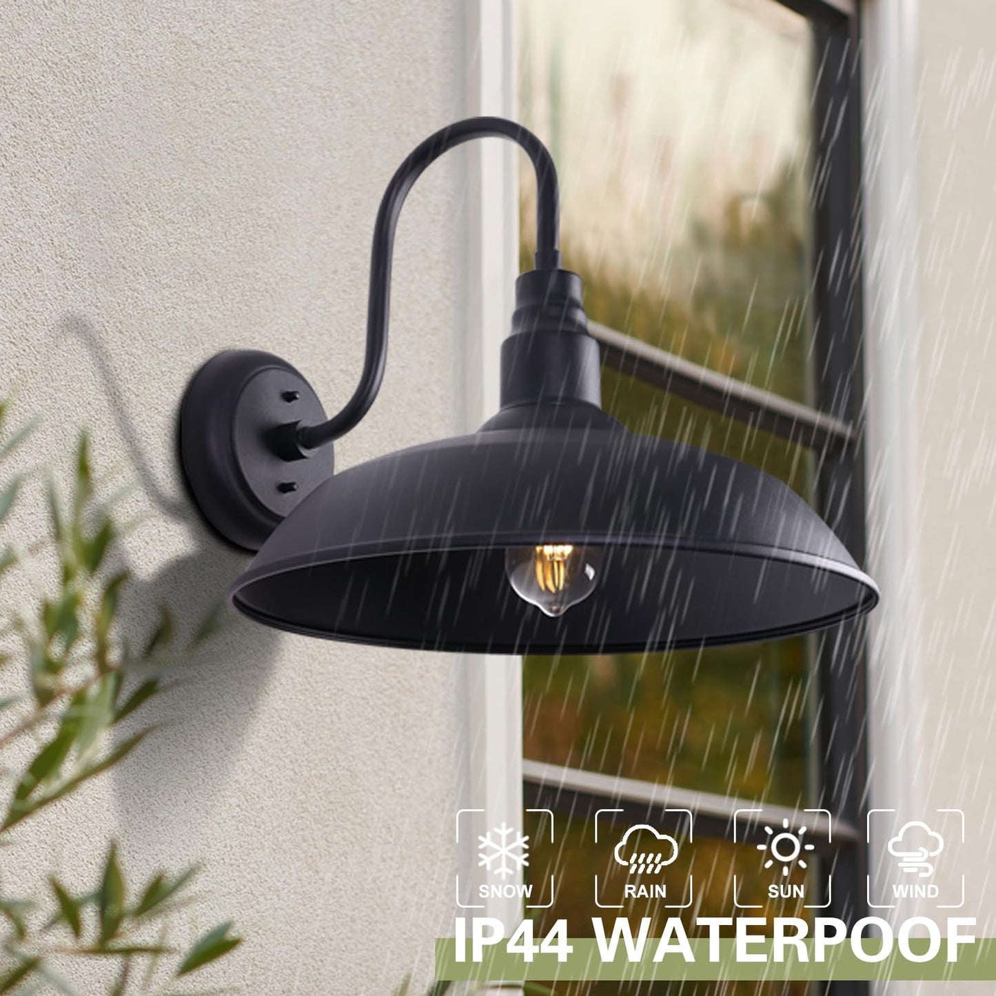 Large Black Gooseneck Barn Light for Farmhouse, 16in Dome Outdoor Wall Lights for Porch, 4 Pack Exterior Lighting Fixture with Goose Neck Arm for Front and Back Porch House Garage Door