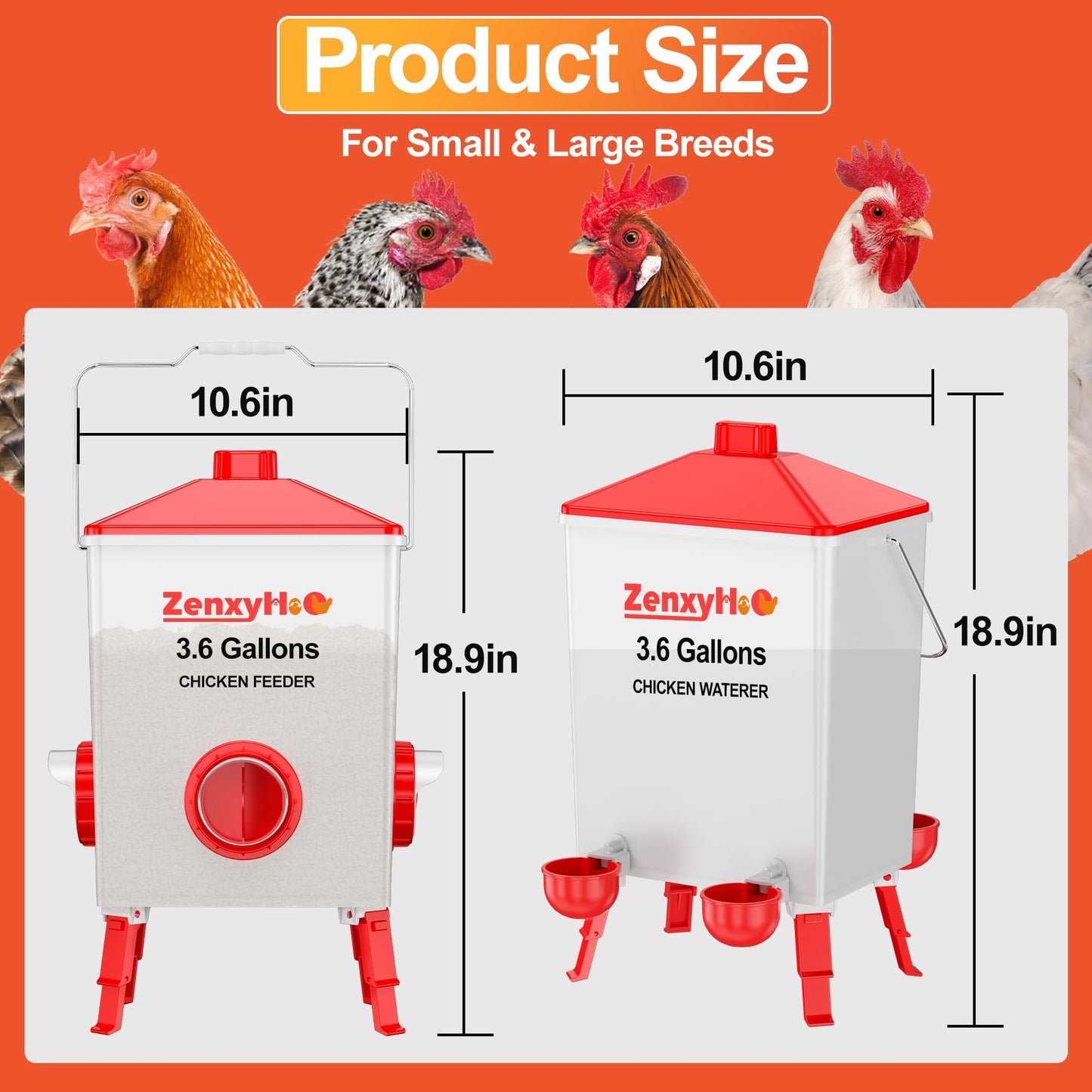 ZenxyHoC 3.6 Gallons Chicken Feeder and Waterer Set with Adjustable Legs and Anti Roost Cone